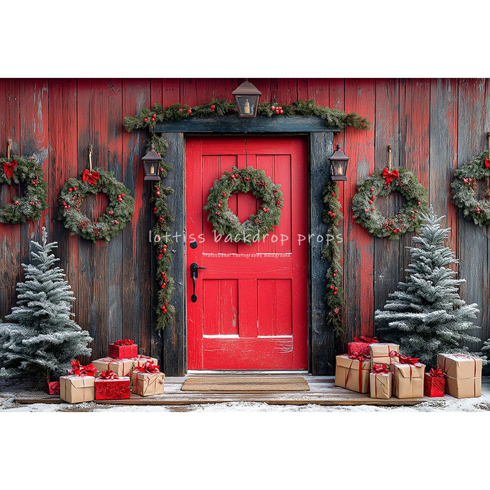 Winter Christmas Cottage Backdrops Kids Adult Photography Country House Entrance Red Door Gift Box Xmas Trees Backgrounds