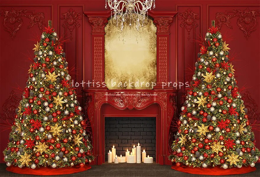 Red Gorgeous Xmas Fireplace Background Retro Wall Christmas Trees Gift Box Background Baby Girl Family Photostudio Props