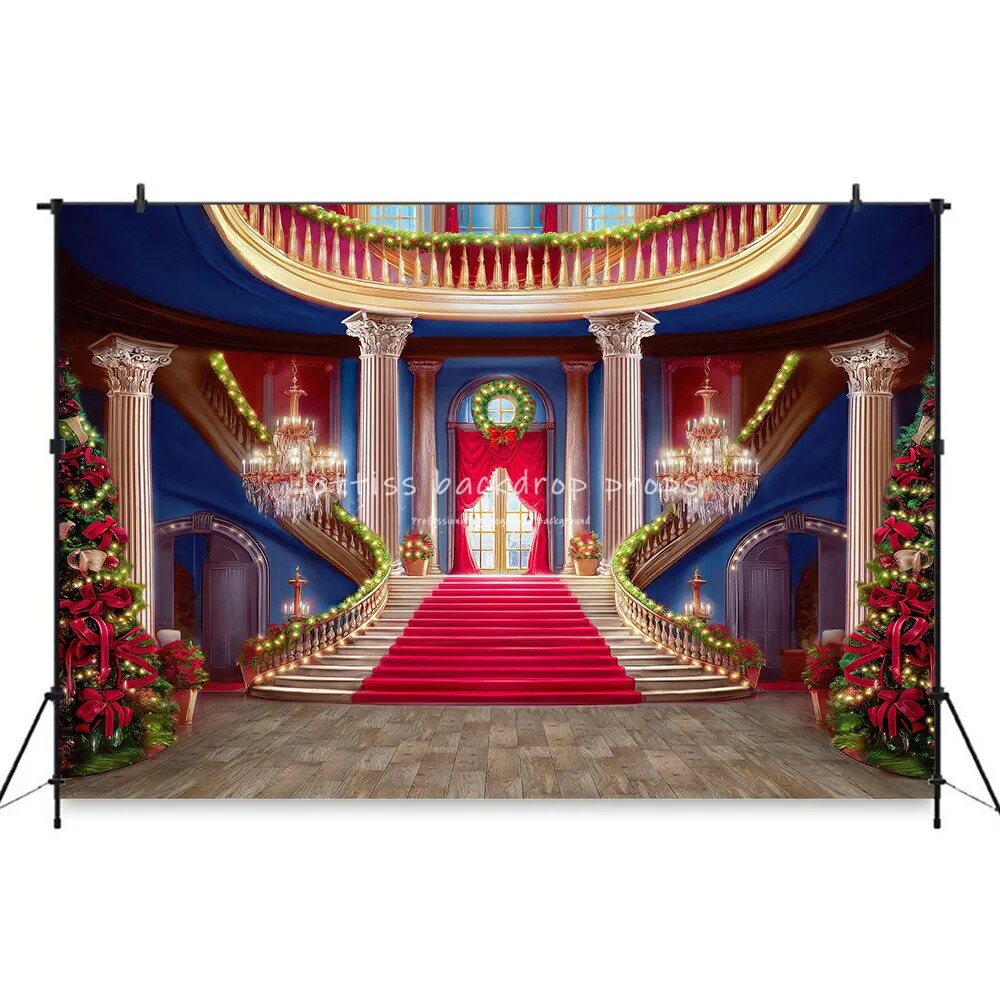 Grand Holiday Staircase Backdrops Kids Baby Photography Props Child Adult Photocall Christmas Castle Red Carpet Background