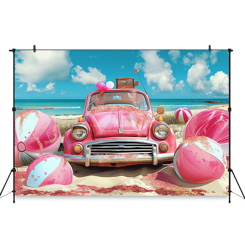 Classic Pink Car Sits on the Beach Photography Backdrop Kids Baby Cake Smash Photocall Decors Summer Plam Tree Studio Background