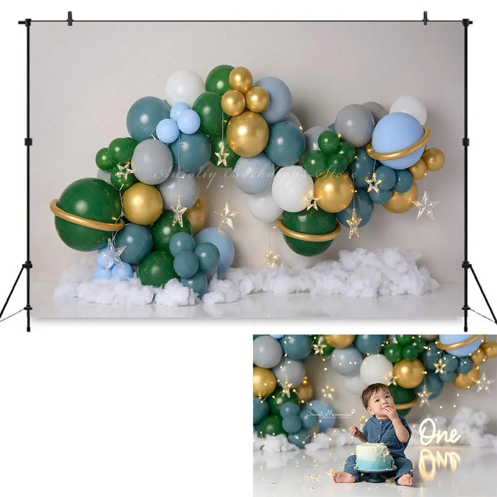 Modern Space Balloons Garland Backdrop Kids Baby 1st Birthday Party Decors Child Boys Cake Smash Photography Backgrounds