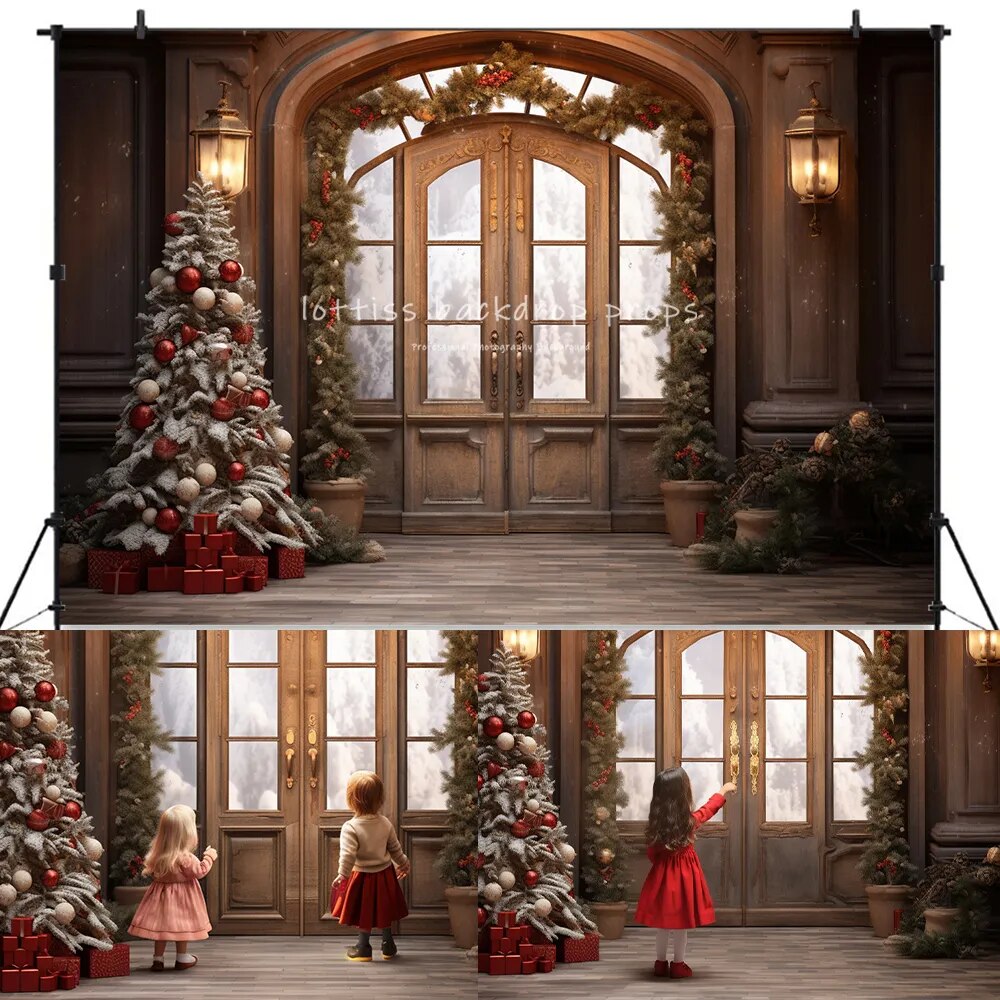 Winter Churchs Medieval Door Backdrops Kids Adult Xmas Photography Props Child Adult Photocall Snowy House Front Background