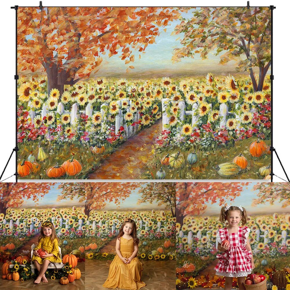 Autumn Sunflower Field Backdrops Kids Baby Phtography Props Adult Child Photocall Halloween Pumpkin Lantern Farm Background