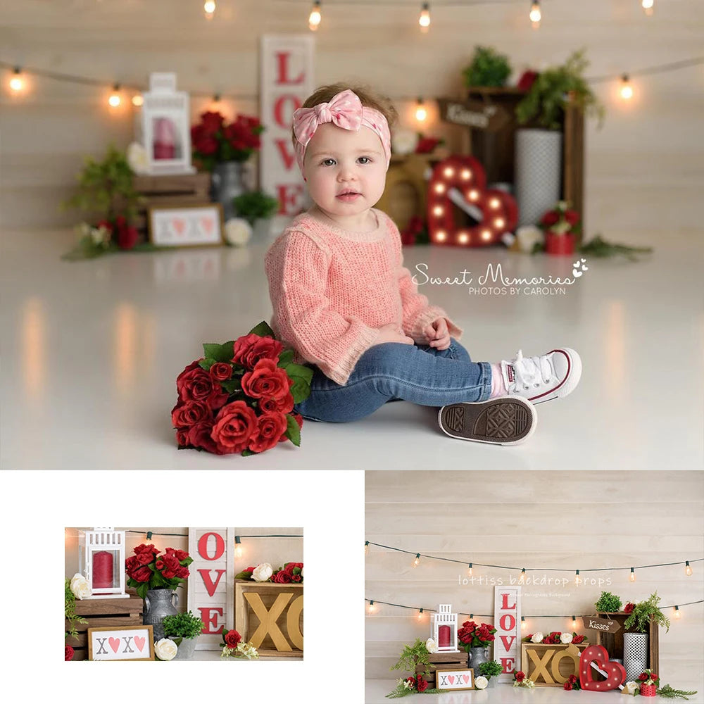 Hugs Kisses Valentine's Day Photography Props Child Baby Photocall Decors Kids Adult Photocall  Rose Wall Backgrounds