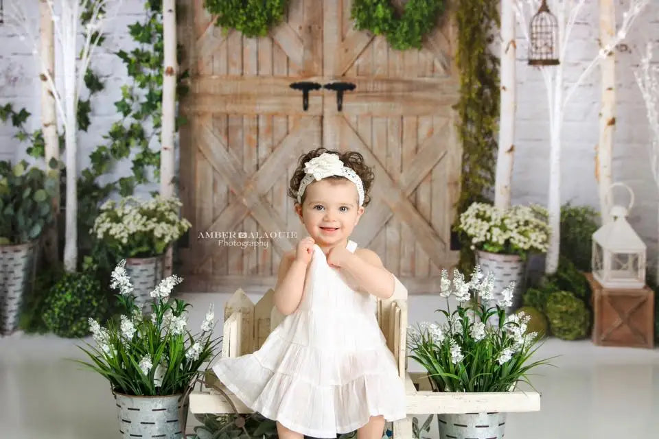 Spring Garden Entrance Backdrops Kids Baby Photography Props Child Adult Photocall Decors Plants Wooden Door Backgrounds