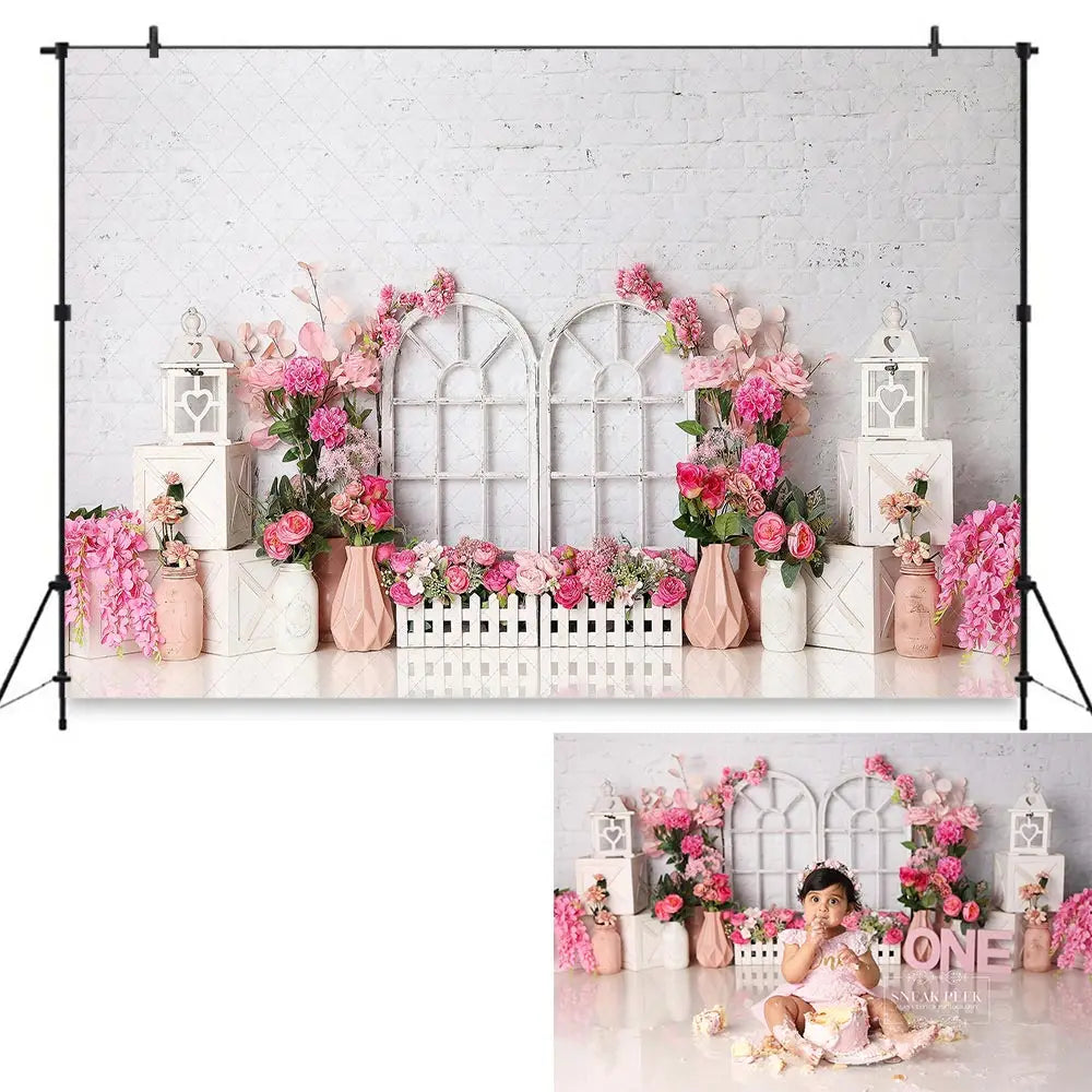 Teepee Pink and Gold Backdrop Kids Baby Cake Smash Photography Props Boho Tent Balloons Birthday Studio Backgrounds