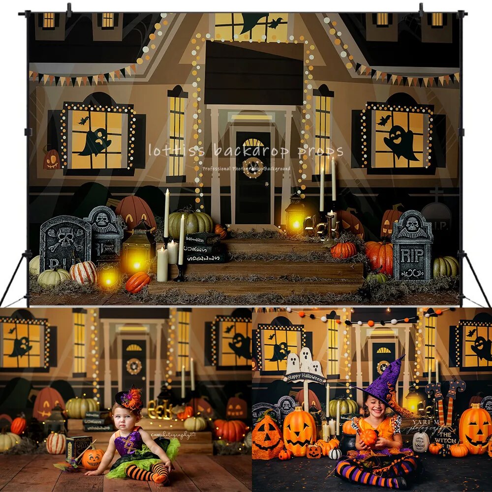 Arrière-plan de maison hantée d'halloween, accessoires de photographie pour enfants et bébés, décors de fête d'anniversaire pour adultes, arrière-plan de lanterne citrouille d'automne 