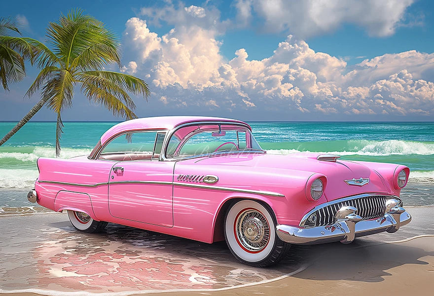 Classic Pink Car Sits on the Beach Photography Backdrop Kids Baby Cake Smash Photocall Decors Summer Plam Tree Studio Background