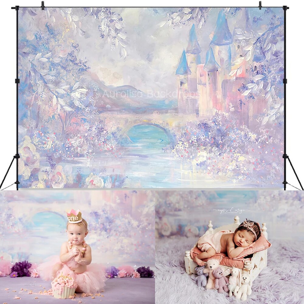 Floral Butterflies Castle Backdrops Kids Baby Cake Smash Props Child Girl Photocall Decors Birthday Cake Smash Background