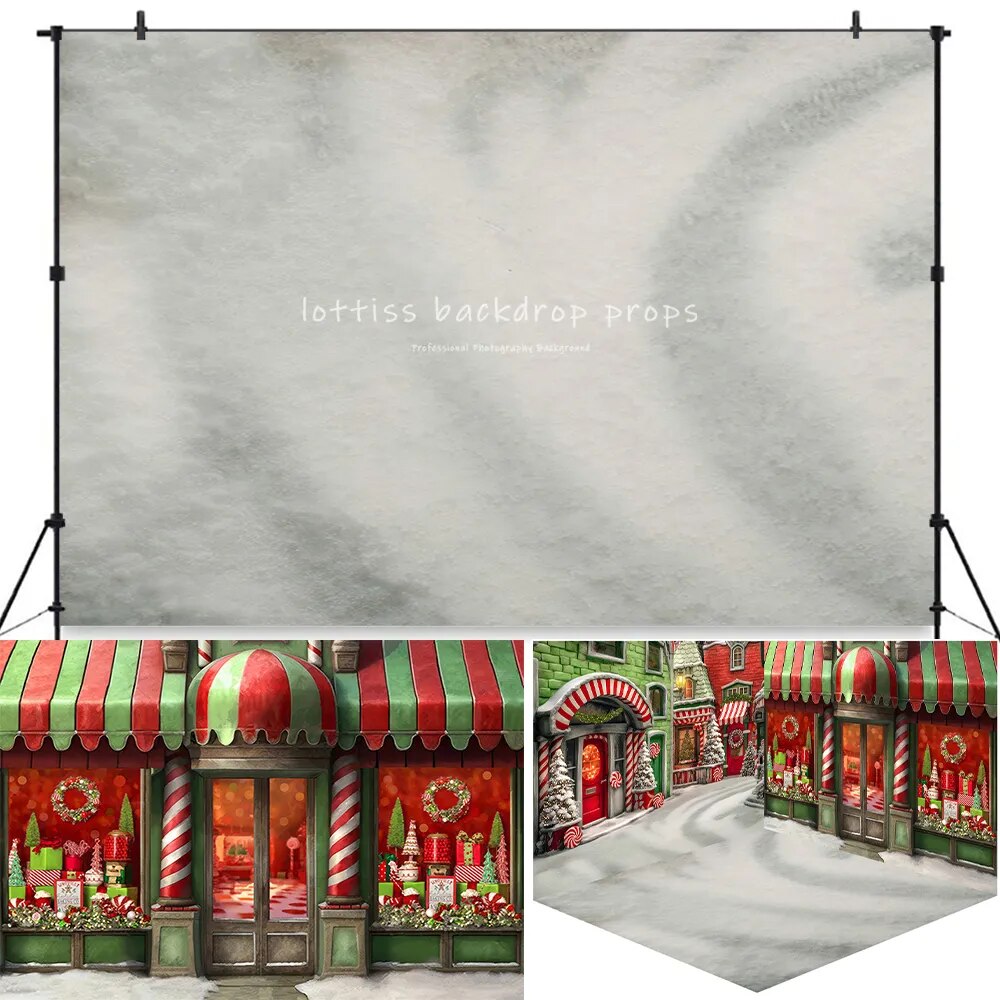 Whoville magasin de noël Mini chambre toile de fond enfants Portrait photographie accessoires adulte enfant noël neige bonbons maison avant fond 