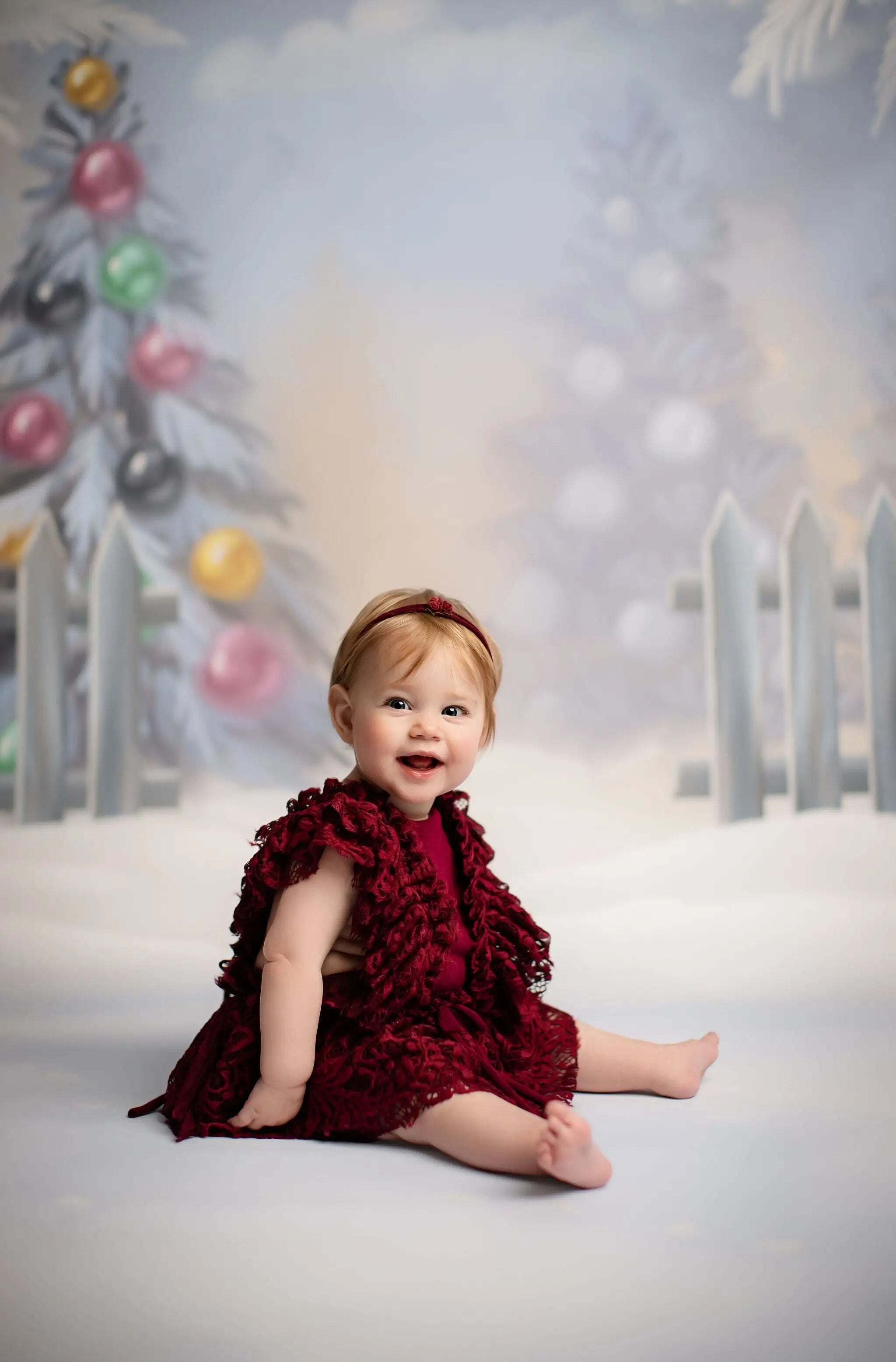 Arrière-plan d'arbres de noël enneigés d'hiver, pour séance photo d'enfants, Portrait de bébé, photographie de vacances de noël, arrière-plan de neige saupoudré 