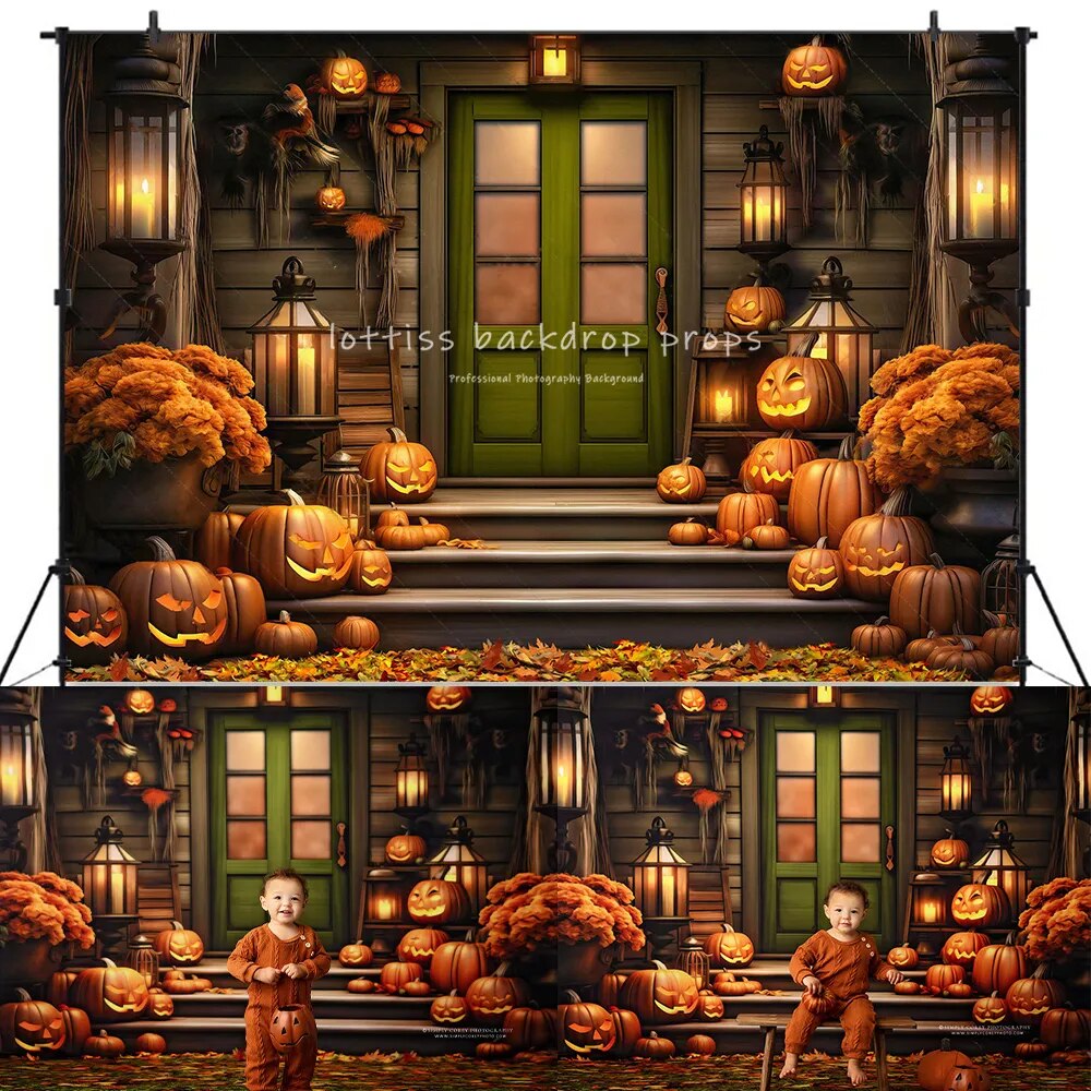 Pumpkin Porch Green Door Backdrops Kids Adult Photography Child Baby Photocall Props Autumn House Front Background