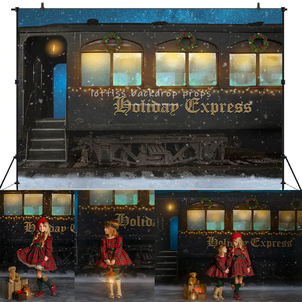 Xmas Polar Express Train Backdrops Kids Photography Baby Adult Portrait Photostudio Props Snowy Holiday Train Background