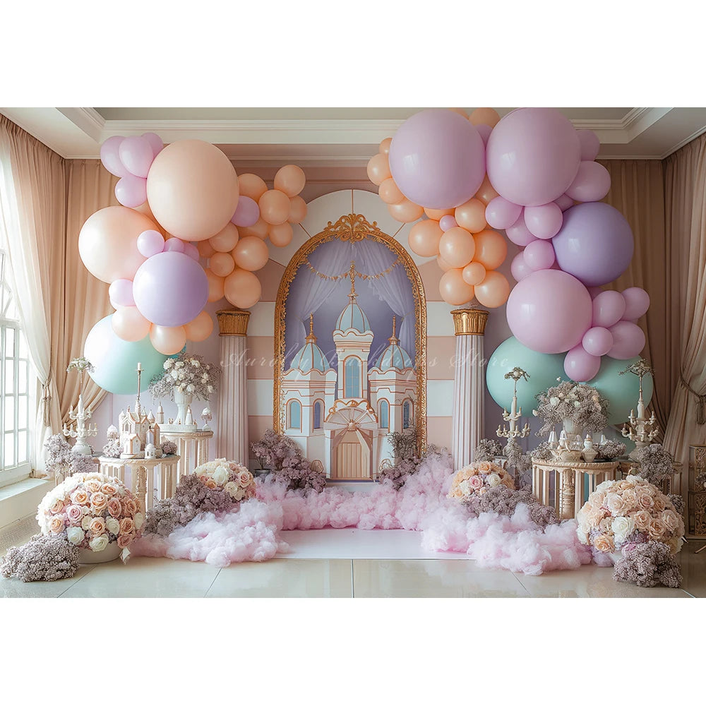 Cute Castle Balloons and Floral Backdrop Kids Baby Cake Smash Photography Props Child Girls Adult Birthday Studio Backgrounds