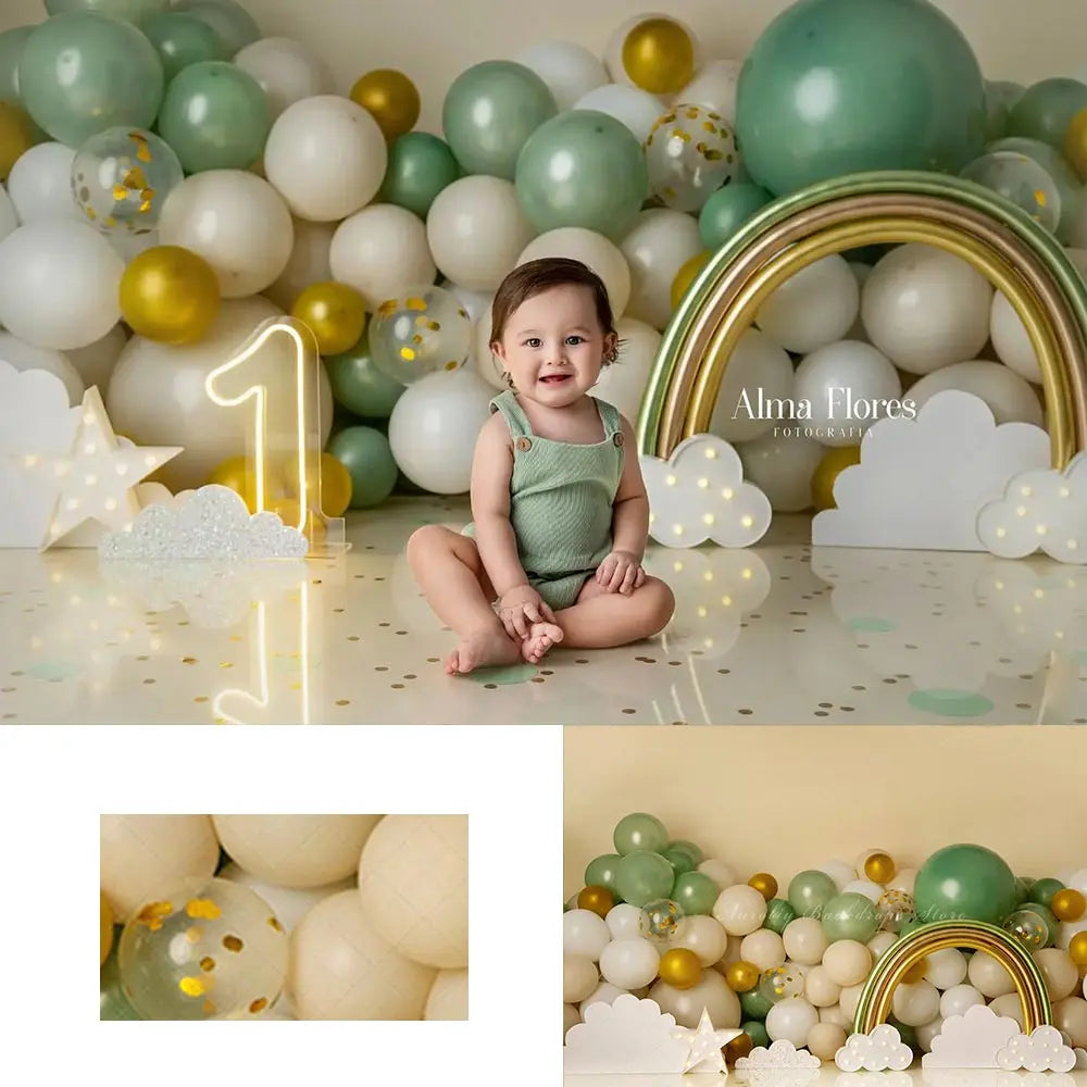 Green Rainbows And Clouds Backdrop Kids Baby Cake Smash Photography Props Child Girls 1st Birthday Studio Backgrounds