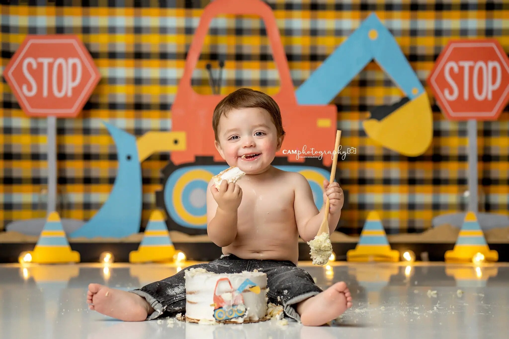 Diggin On You Excavator Backdrops Kids Baby Cake Smash Birthday Photography Props Adult Child Boy Photocall Background