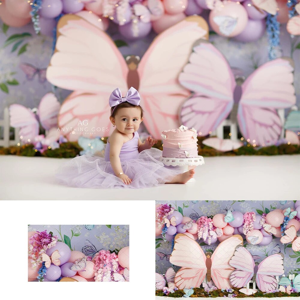 Butterflies Cake Smash Backdrops Kids Grirl Photography Props Child Baby Phhotocall Garden Spring Floral Butterfly Background