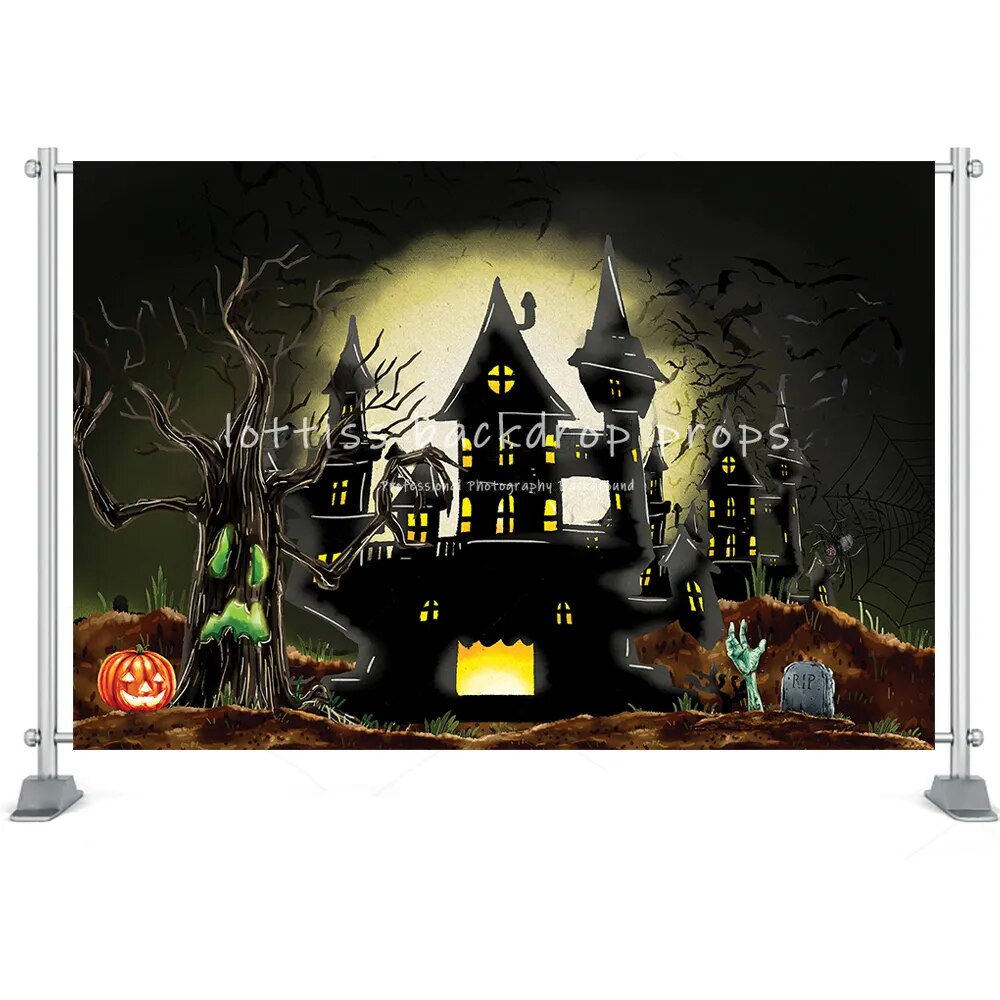 Halloween grande citrouille lanterne fond horreur lune nuit cimetière photographie enfants anniversaire Portrait atoile de fond Photo Studio