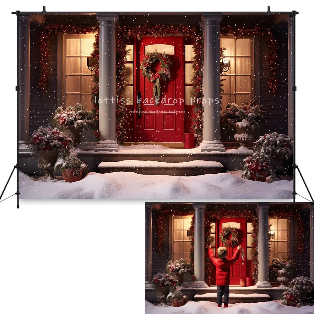 Christmas Snowy House Front Backdrops Kids Baby Photocall Props Adult Child Photography Xmas Trees Winter Wooden Door Background