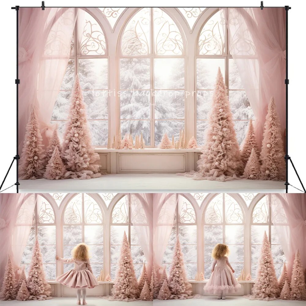 Arrière-plan de fenêtres de noël, accessoires de photographie pour enfants et adultes, décors de séance photo pour enfants et bébés, arrière-plan d'arbres de noël roses 