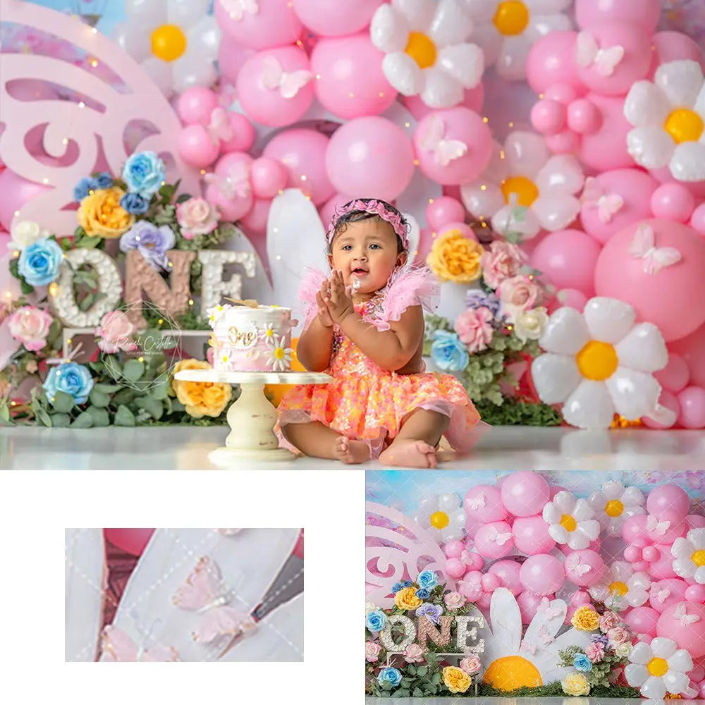 Little Miss Daisy Backdrop Balloons and Floral Kids Baby 1st Birthday Party Decors Child Girls Cake Smash Photography Background