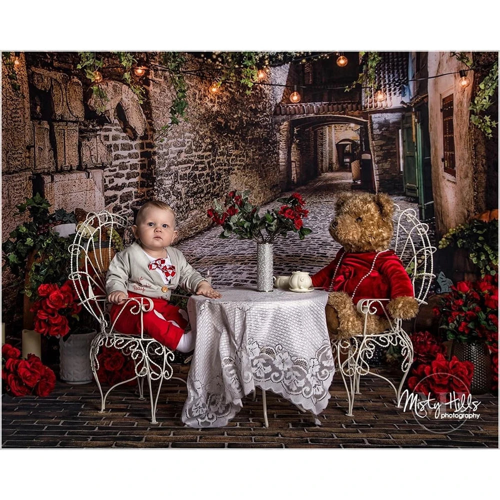 Italian Romance Restaurant Photography Backdrop for Kids Birthday Cake Smash Photo Background Green Town Photo Studio Props