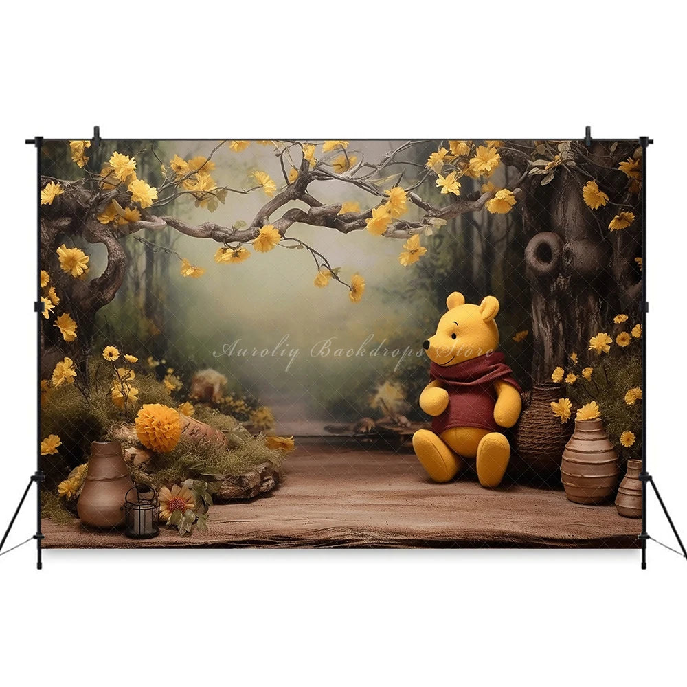 Pooh Bear Forest Backdrop Kids Baby Cake Smash Photography Props Honey Acrewoods Child Birthday Dceor Studio Backgrounds