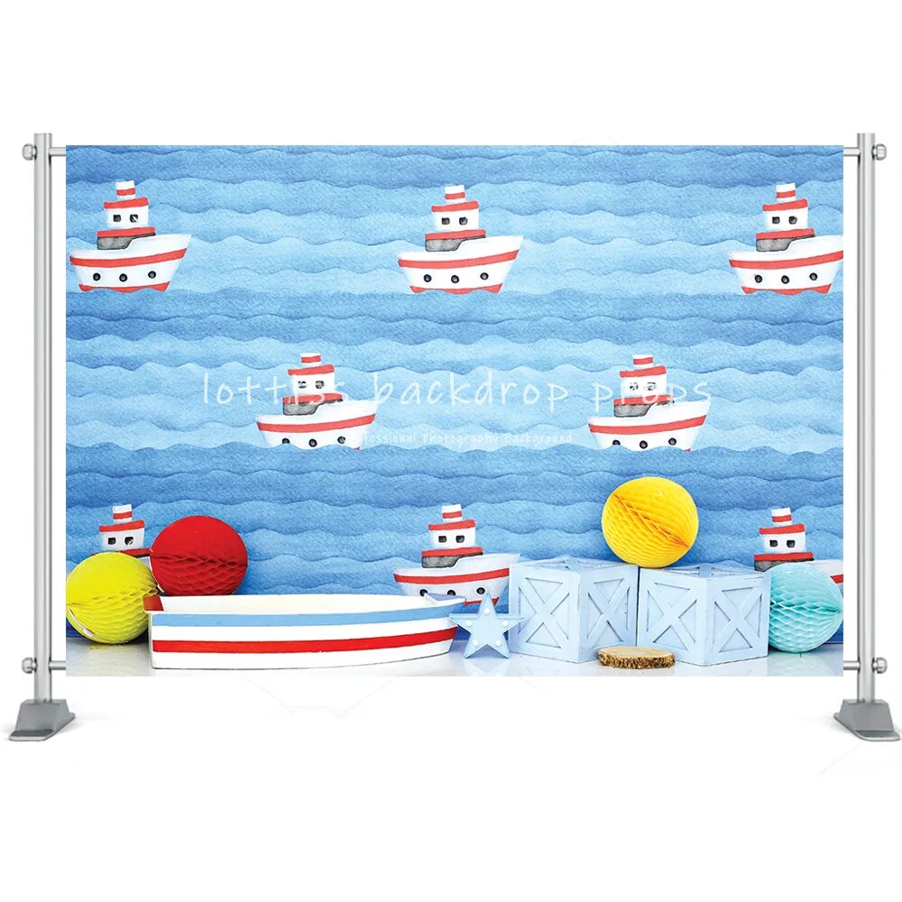 Arrière-plan thème bateau sous-marin, accessoires de gâteau pour enfants, poisson, corail, méduse, capitaine garçon, arrière-plan d'anniversaire, accessoires de studio photo pour bébé 