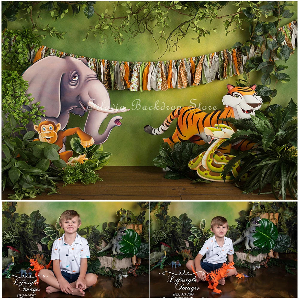 Jungle Story Animals Photo Background Tiger Elephant Decor Children Birthday Cake Smash Photography Backdrop Photo Studio Props