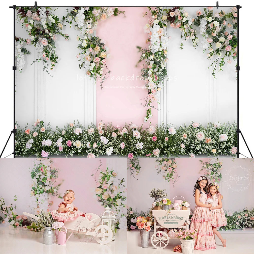 Pink Floral Curtain Backdrops Girl Kids Photography Props Child Baby Photocall Pregnant Wedding Photocall Backgrounds