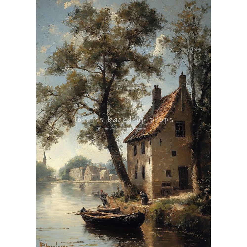 Countryside River Cottage Vintage Scenery Oil Painting Photography Backdrops Kids Adult Photocall Sunset Village Backgrounds