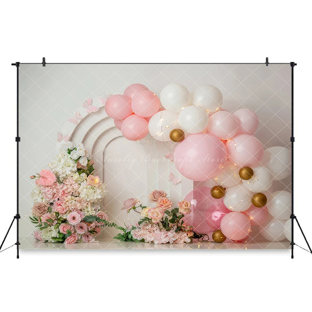 Spring Balloons Arch and Butterfly Backdrop Kids Baby Cake Smash Photography Props Child Girls Adult Birthday Photo Backgrounds