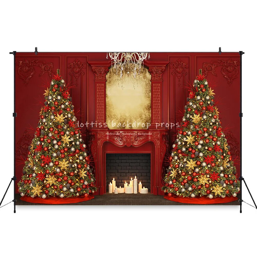 Red Gorgeous Xmas Fireplace Background Retro Wall Christmas Trees Gift Box Background Baby Girl Family Photostudio Props