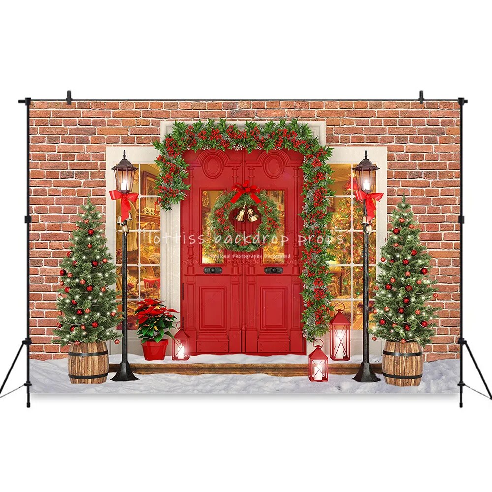 Christmas Brick Wall Red Door Background Family Baby Portrait Props Xmas Trees Snowy Floor Backdrop Adult Baby Photostudio