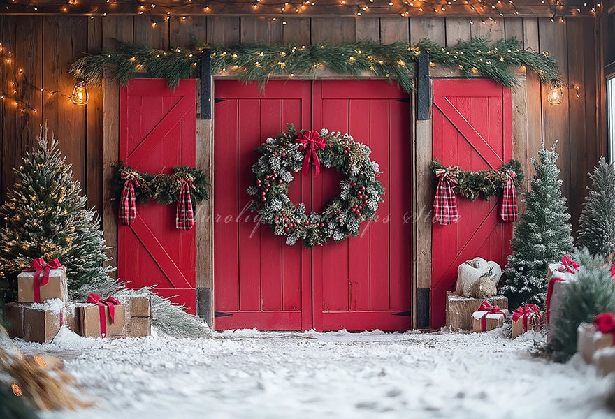 Red Barn Door Backdrop With Christmas Tree Photography Backdrop Baby Kids Portrait Family Party Photocall Studio Background