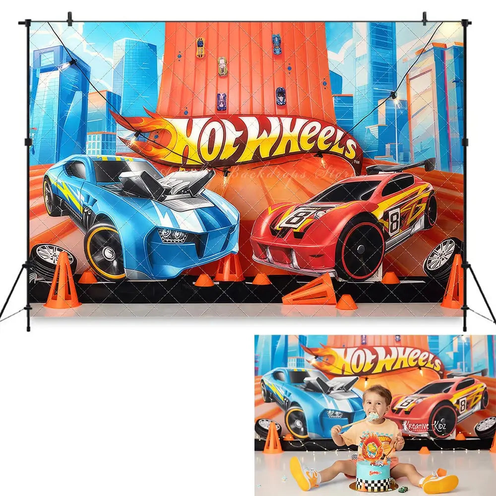 Hot Rod Race Track Boys Birthday Backdrop Kids Baby Cake Smash Photography Props Child Adult Photo Shoot Backgrounds