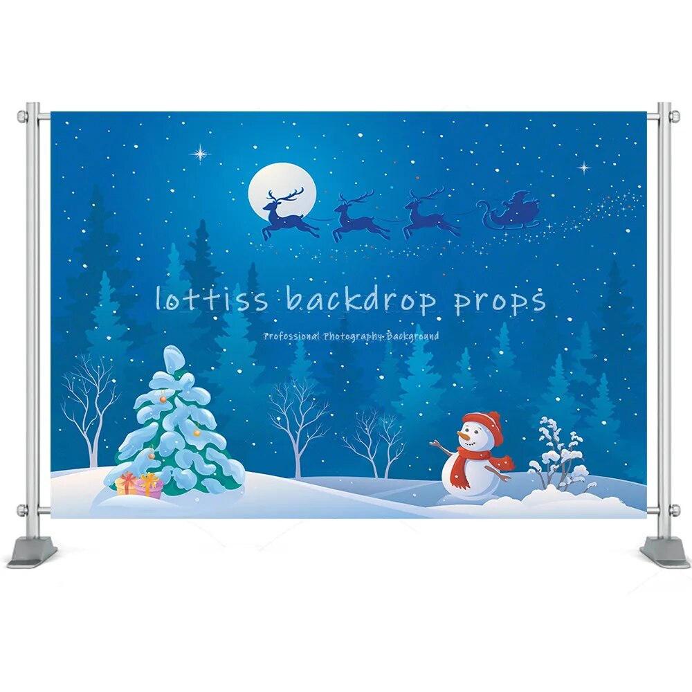 Christmas Santa Backdrop Flying to the Moon Window Snow Tree Street Backdrop Night Sky Reinder Snow Background Photobooth