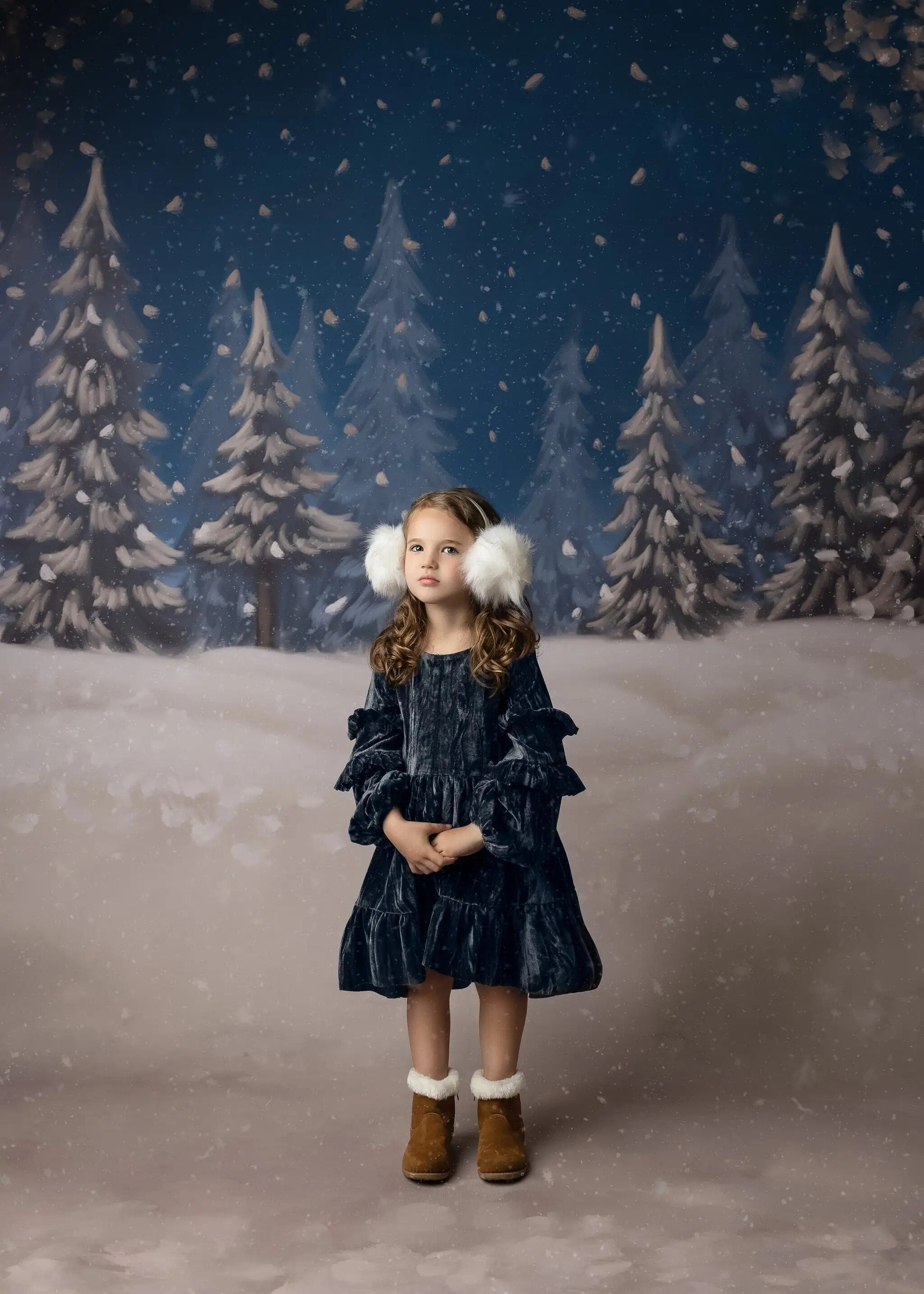 Arrière-plan de forêt enneigée, accessoires de Portrait de noël pour enfants et adultes, flocons de neige d'hiver, arrière-plan d'arbres au sol pour studio photo 