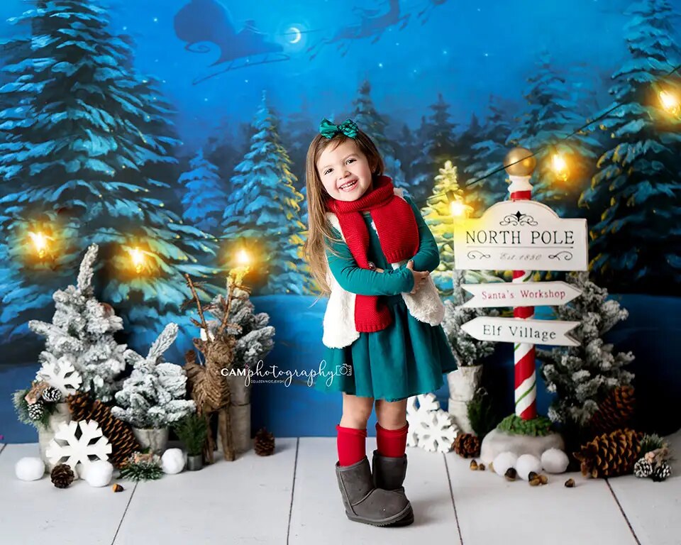 Décors de promenade en traîneau de noël, accessoires de photographie pour enfants et bébés, décors de gâteau d'anniversaire pour adultes et enfants, arrière-plan de forêt enneigée de noël 