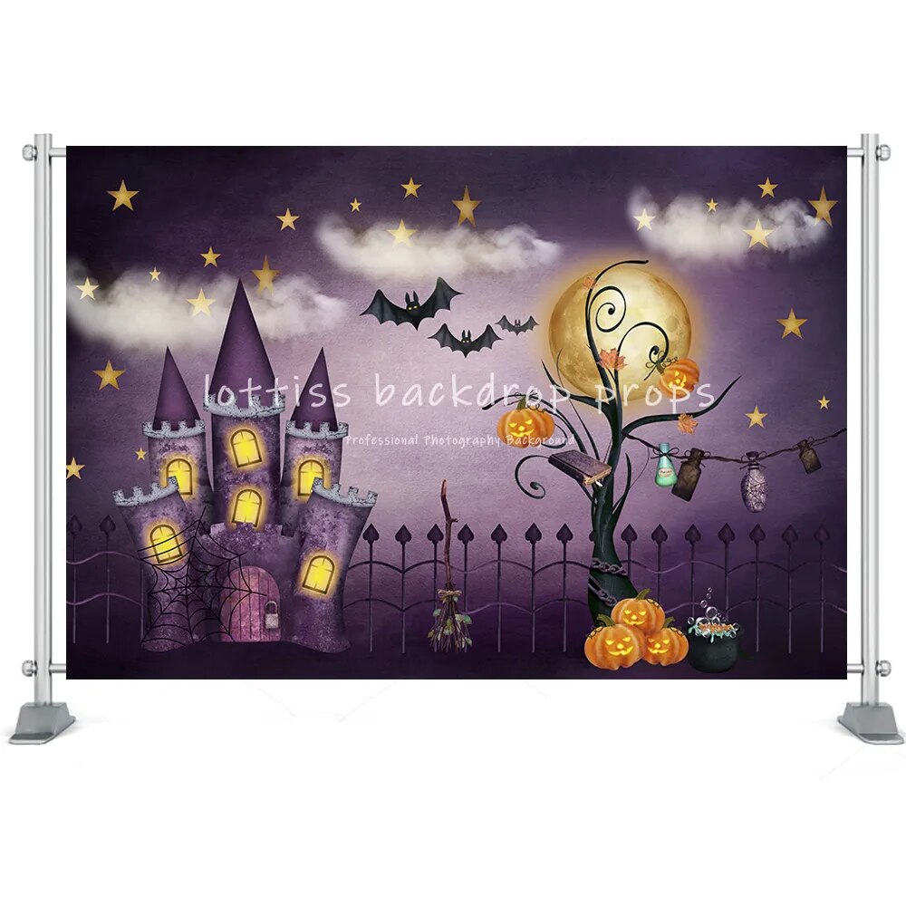 Halloween grande citrouille lanterne fond horreur lune nuit cimetière photographie enfants anniversaire Portrait atoile de fond Photo Studio