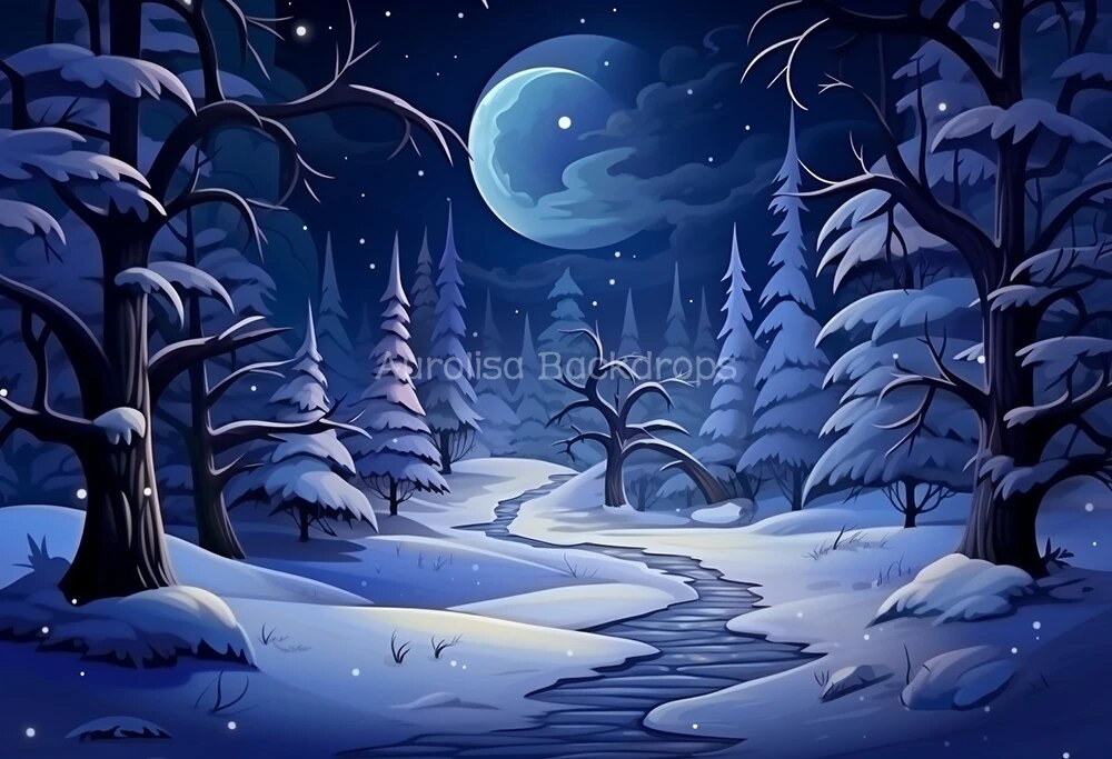 Winter Chrismas Night Backdrop Kids Baby Photography Props Child Adult Photocall Decor Snowflake Big Moon Xmas Forest Background