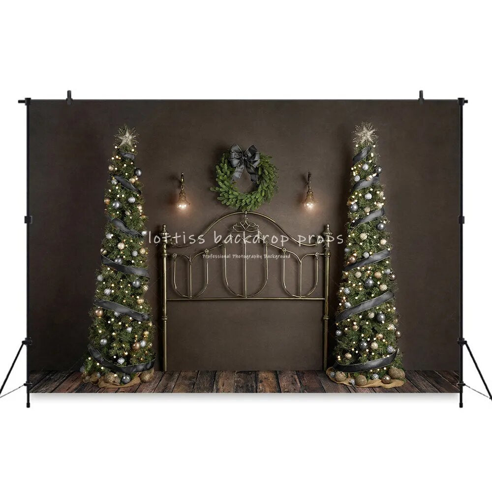 Christmas Headboard Backdrops Xmas Trees Wreath Fireplace Decor Background For Kids Baby Portrait Photography Photostudio Props