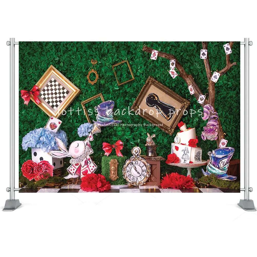 Alice In Wonderland Theme Birthday Background Baby Kids Girl Birthday Party Props Tea Party Mad Hatter Cartoon Decor Backdrop