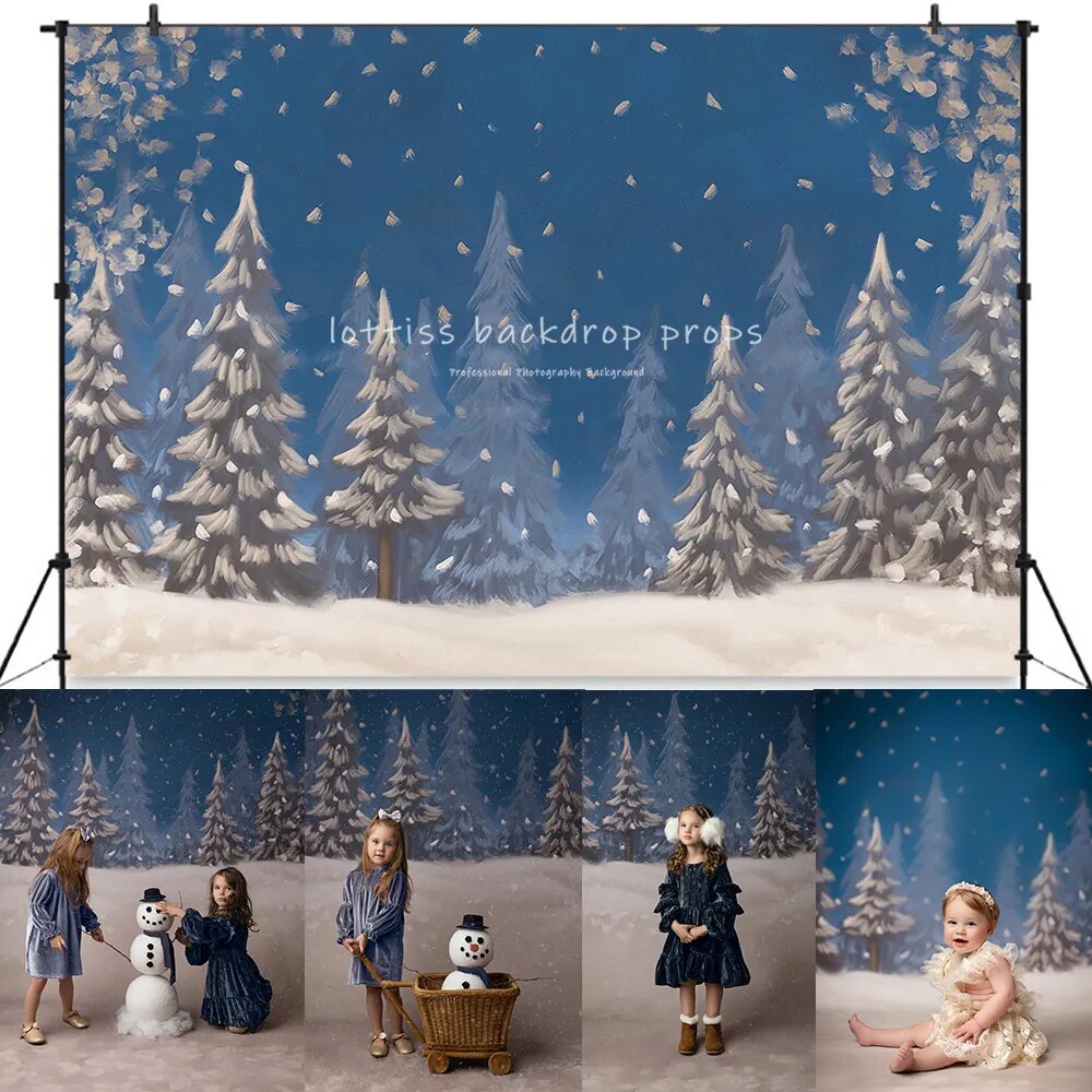 Arrière-plan de forêt enneigée, accessoires de Portrait de noël pour enfants et adultes, flocons de neige d'hiver, arrière-plan d'arbres au sol pour studio photo 