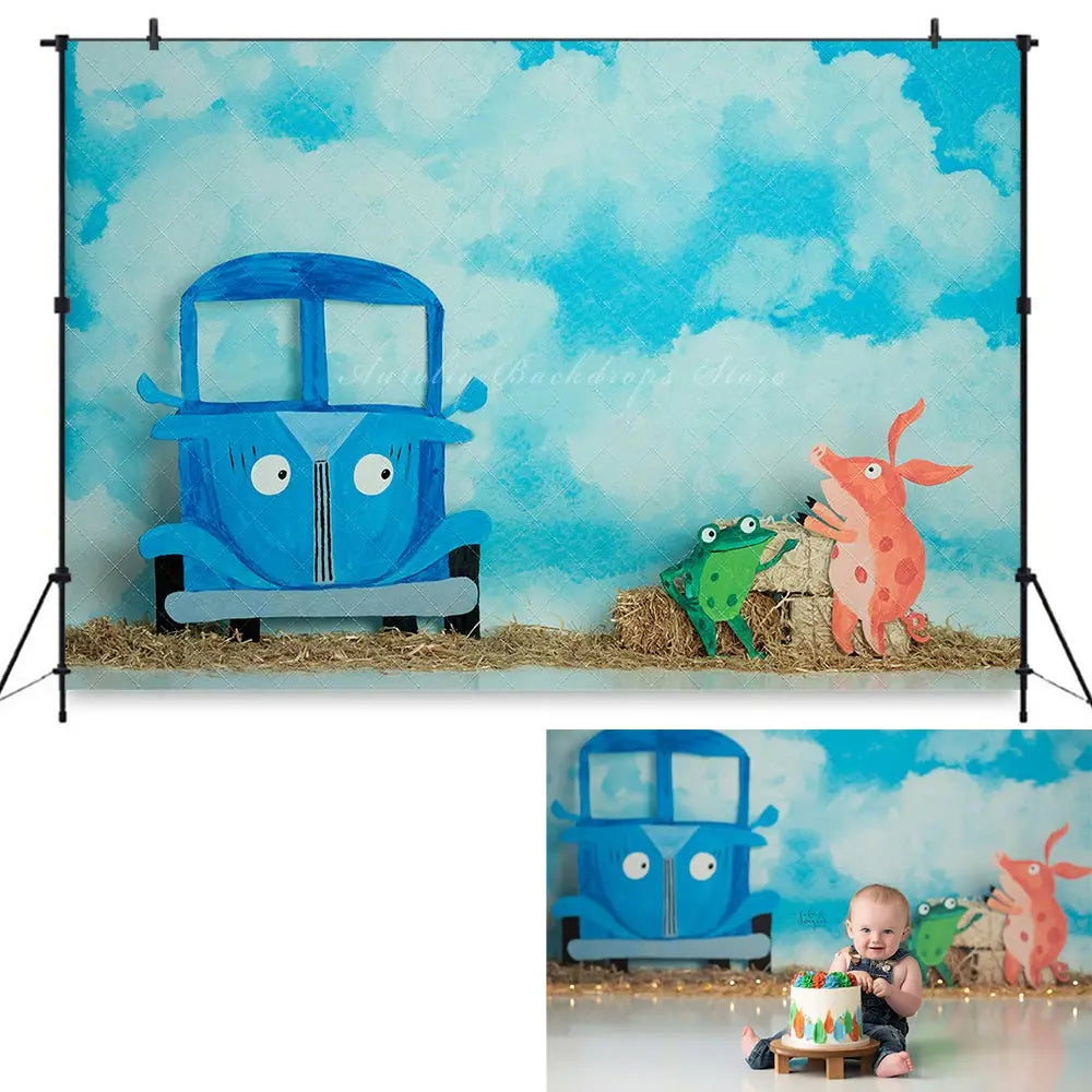 Beep Beep Blue Bus Photography Backdrop Kids Baby Cake Smash Photocall Decors Child Adult Birthday Studio Backgrounds