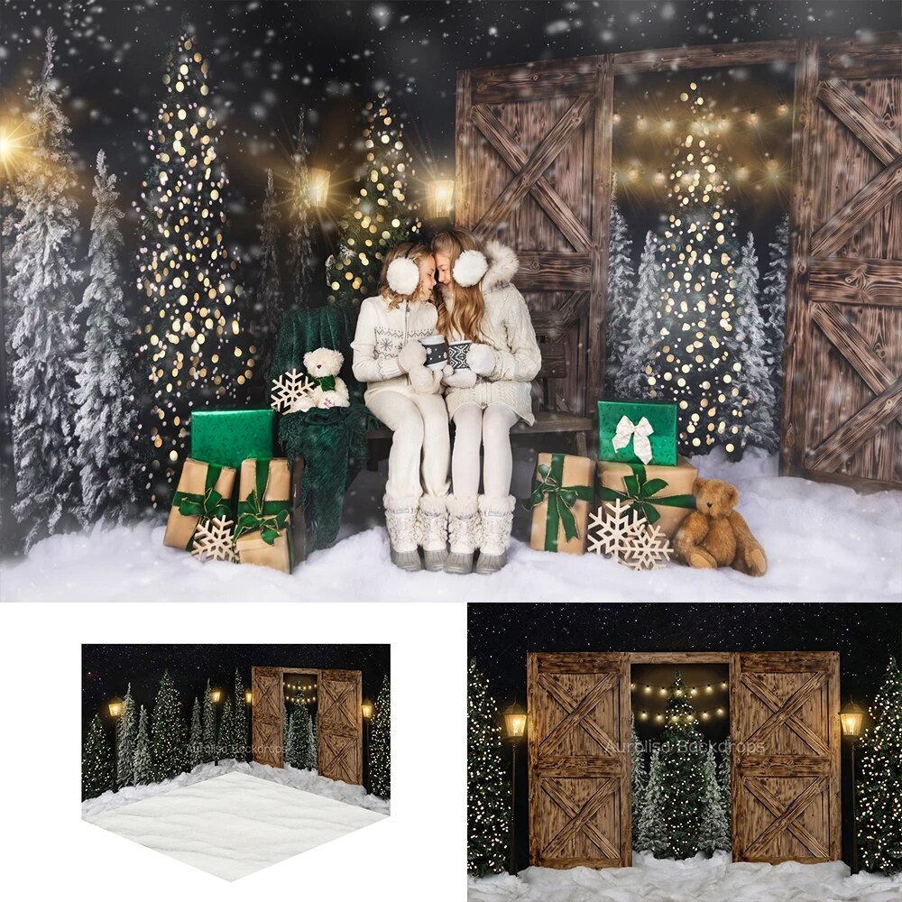 Urban Tree Farm Backdrops Kids Adult Photography Props Child Baby Xmas Photocall Snowy Christmas Trees Wooden Door Background