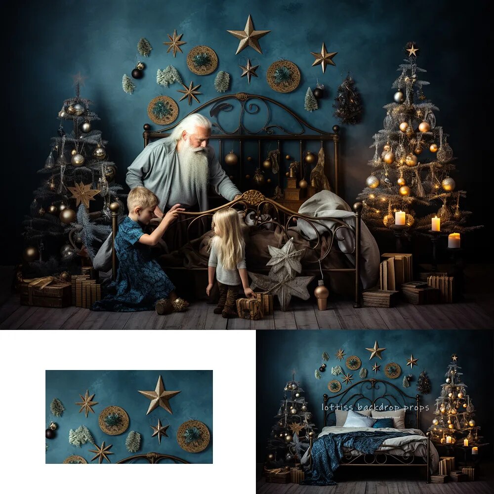 Xmas Star Bedroom Backdrops Kids Baby Photography Props Child Adult Photocall Decors Christmas Trees Bed Background