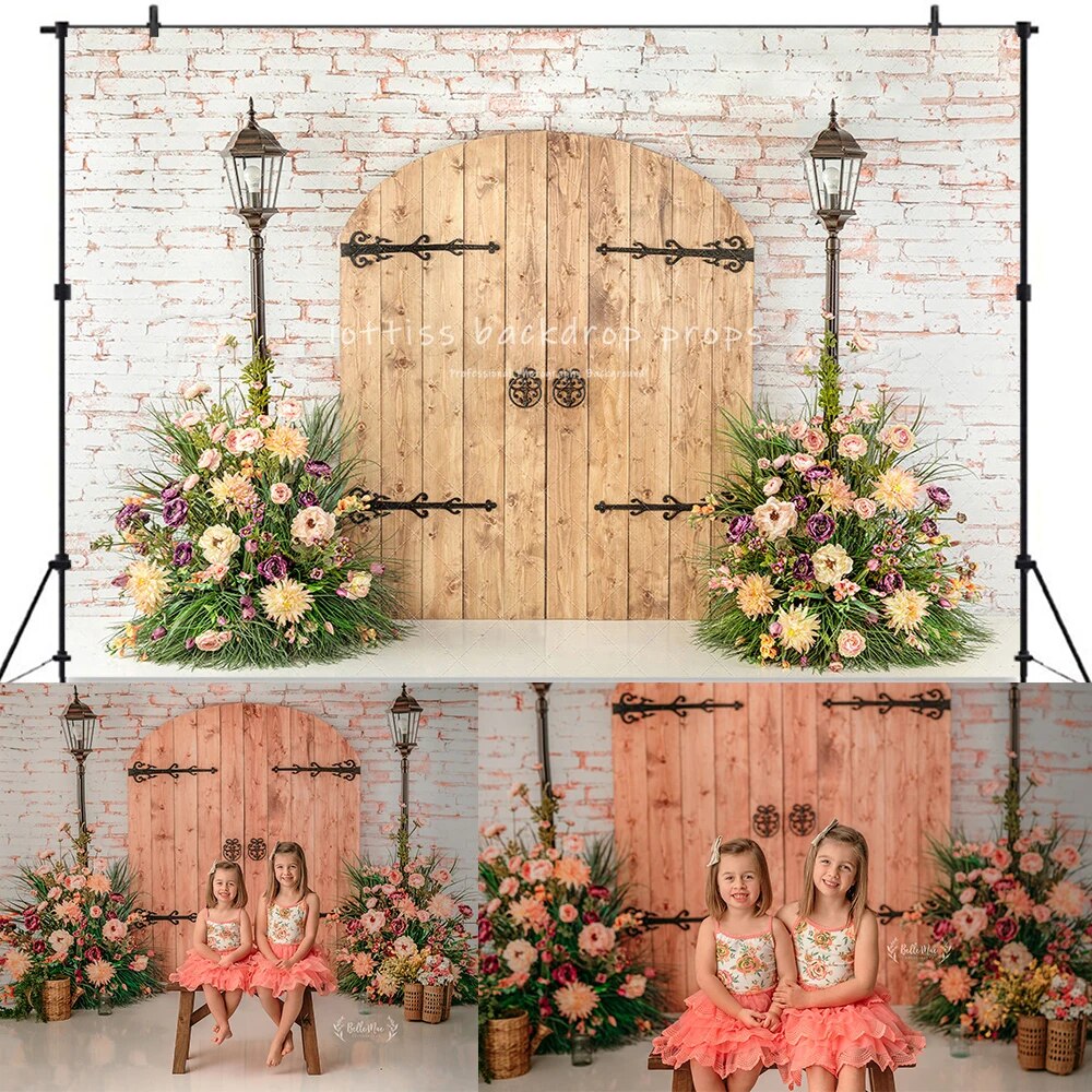 Village Floral Square Backdrops Girl Kids Photography Props Child Baby Photocall Retro Brick House Garden Window Background