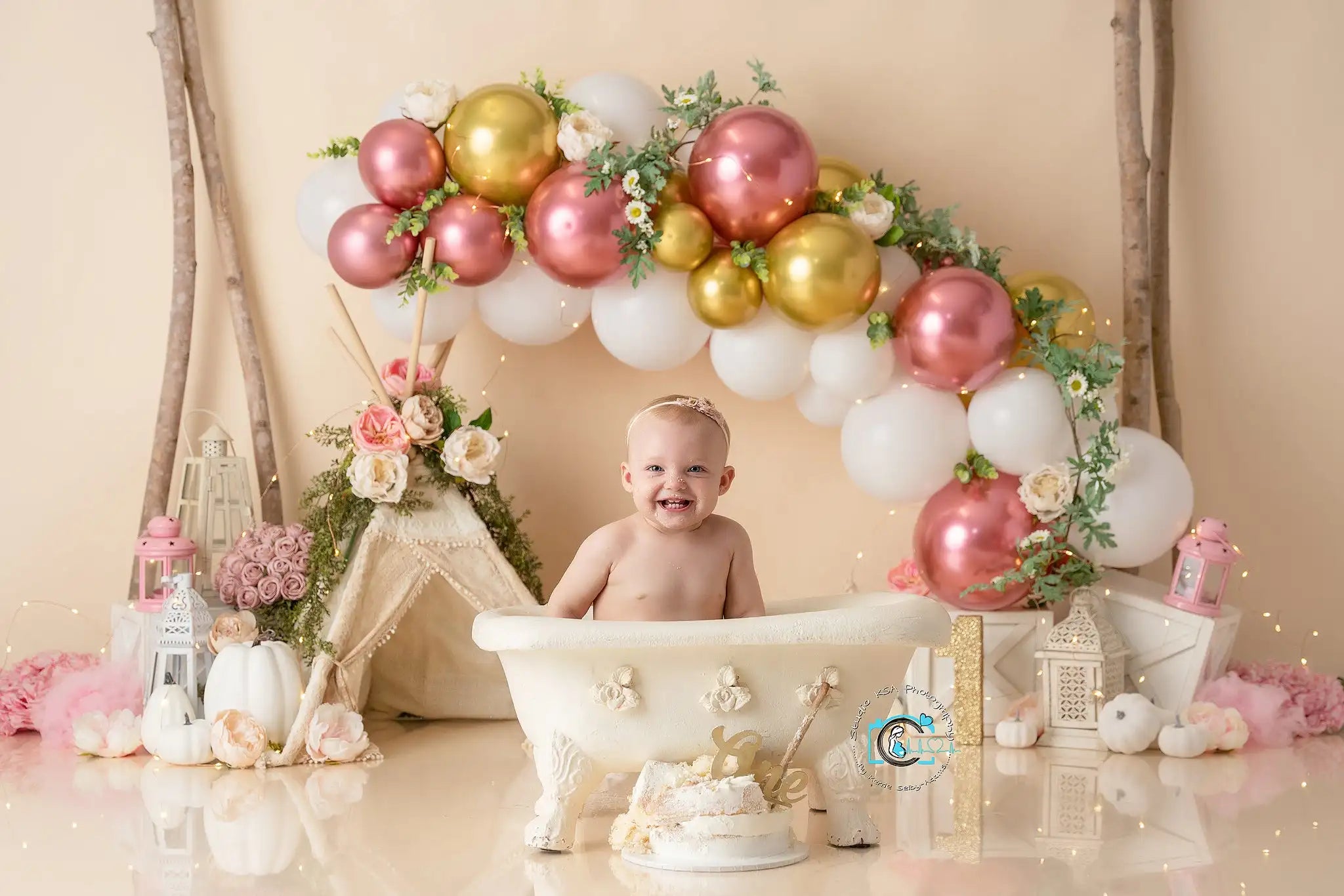 Rose Gold Teepee Photography Backdrop Boho Tent Floral Balloons Kids Baby Cake Smash Photocall Decors Birthday Backgrounds