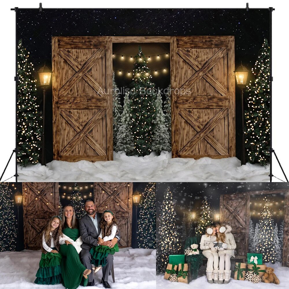 Urban Tree Farm Backdrops Kids Adult Photography Props Child Baby Xmas Photocall Snowy Christmas Trees Wooden Door Background